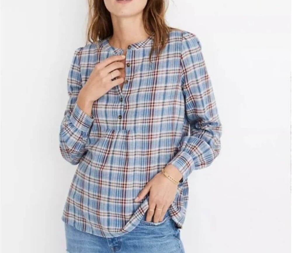 Madewell Popover Blouse Top Blue Plaid Puff Sleeve Swing Pleated Cotton Linen